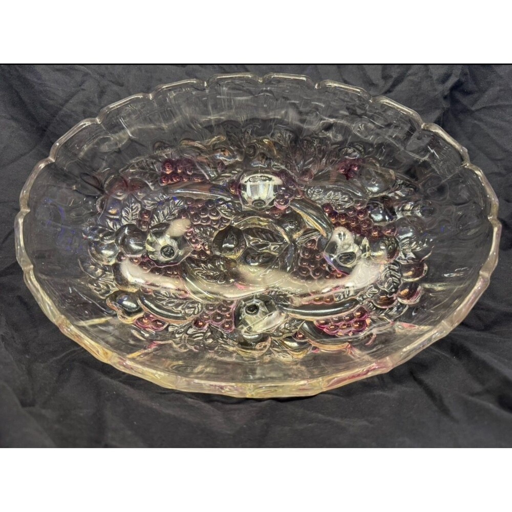 Vintage Indiana Glass Garland Flashed Purple Grapes Oval Footed Fruit Bowl